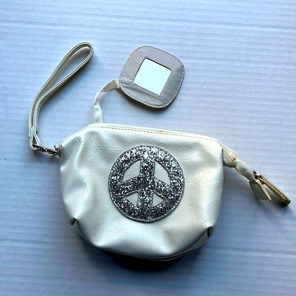 White with silver glitter peace sign make up case